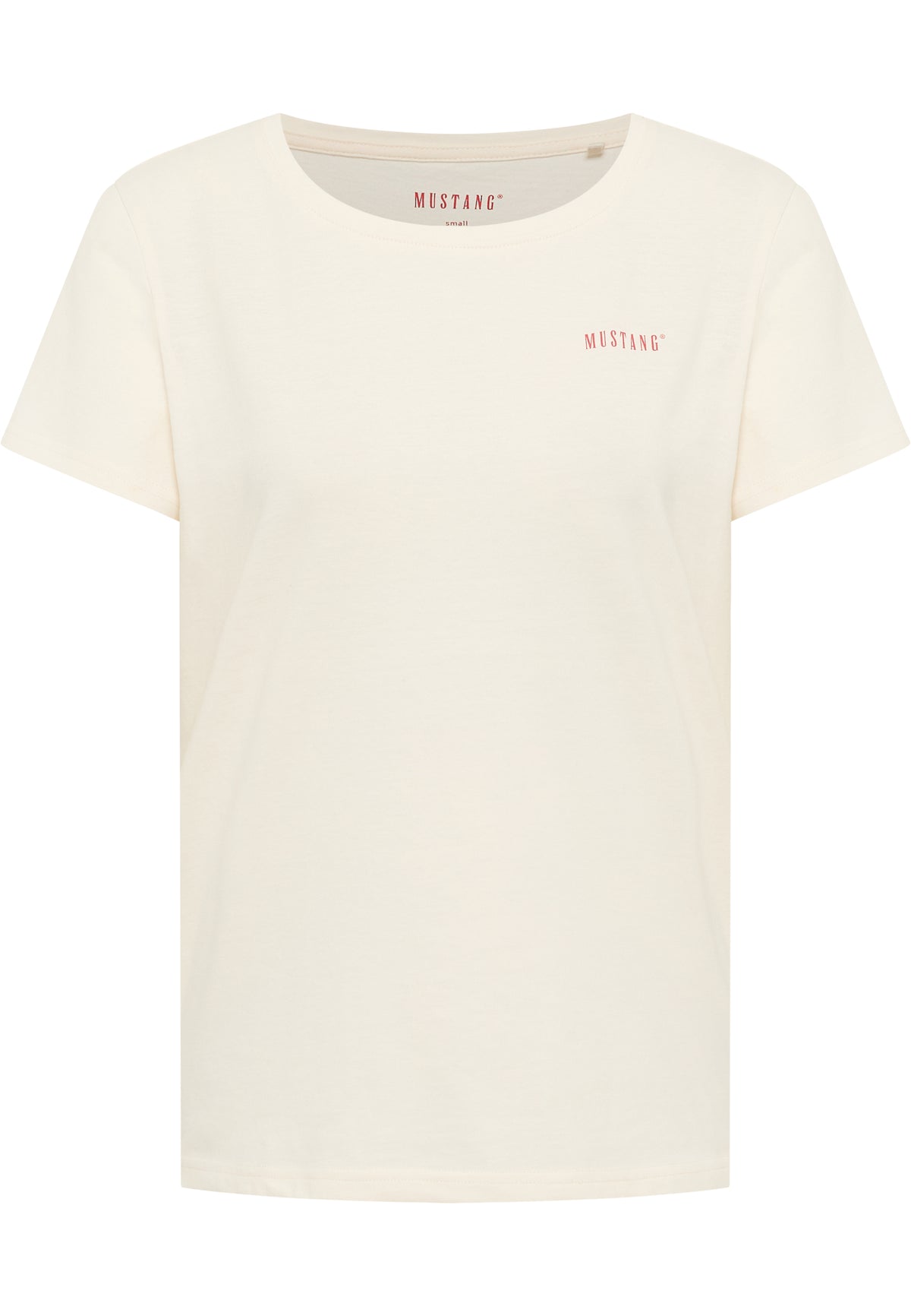 Tricou Alma alb crem, față, logo mic „Mustang” roșu pe piept stânga