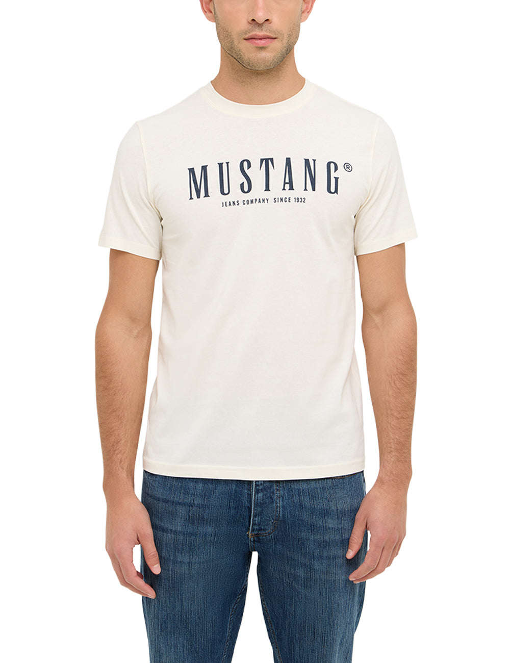 Tricou Austin alb șters, față, purtat pe model