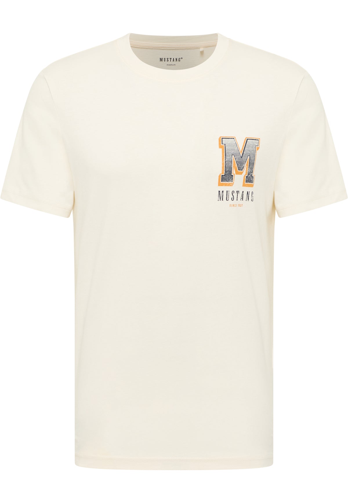 Tricou Austin alb șters, față, emblemă „M Mustang” pe piept stânga