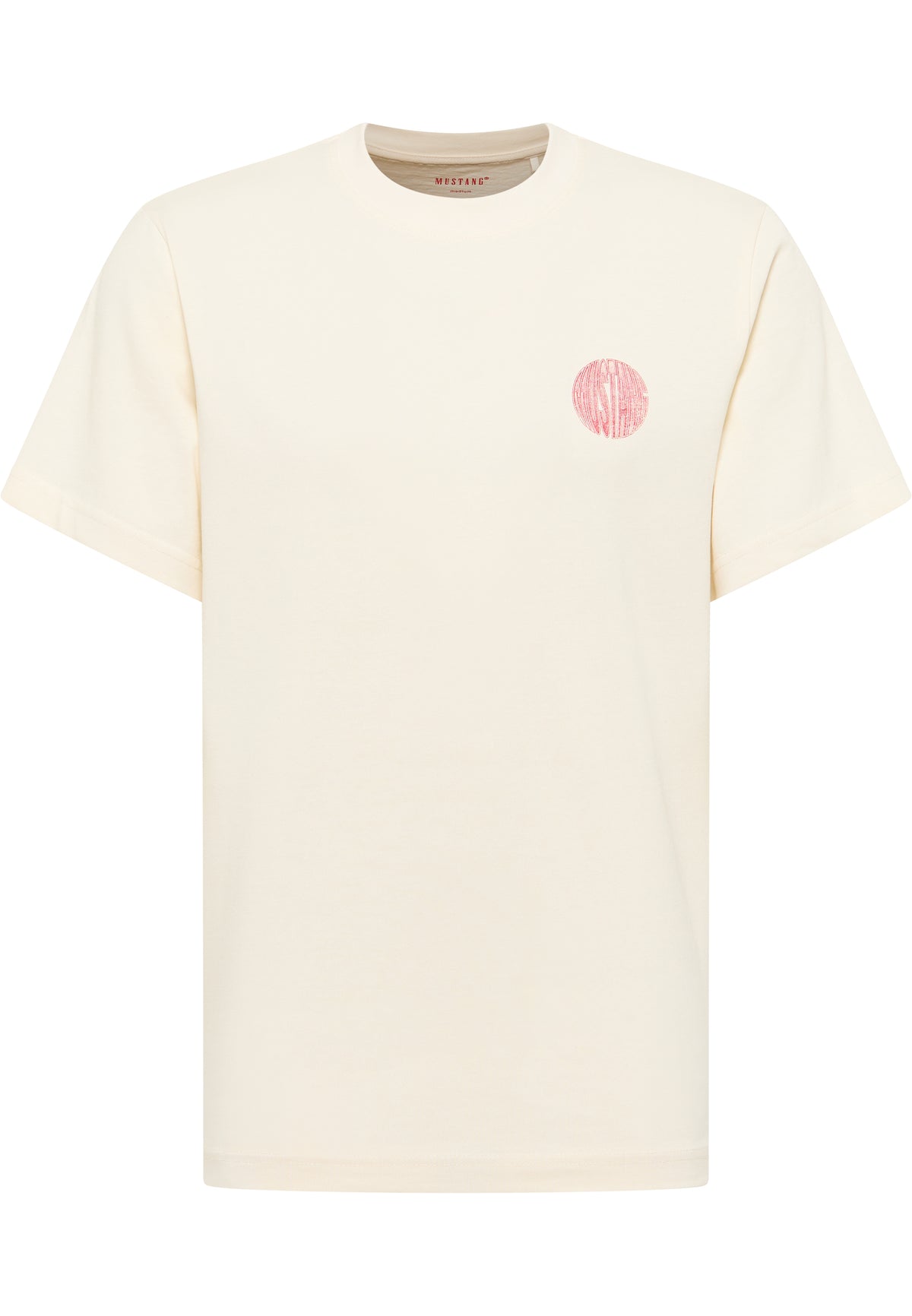 Tricou Akron alb crem, față, siglă circulară roșie mică pe piept