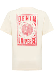 Tricou Akron alb crem, spate, imprimeu mare cu chenar "Denim Universe" și siglă Mustang