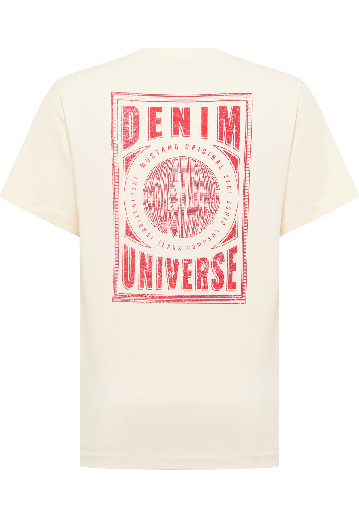 Tricou Akron alb crem, spate, imprimeu mare cu chenar "Denim Universe" și siglă Mustang