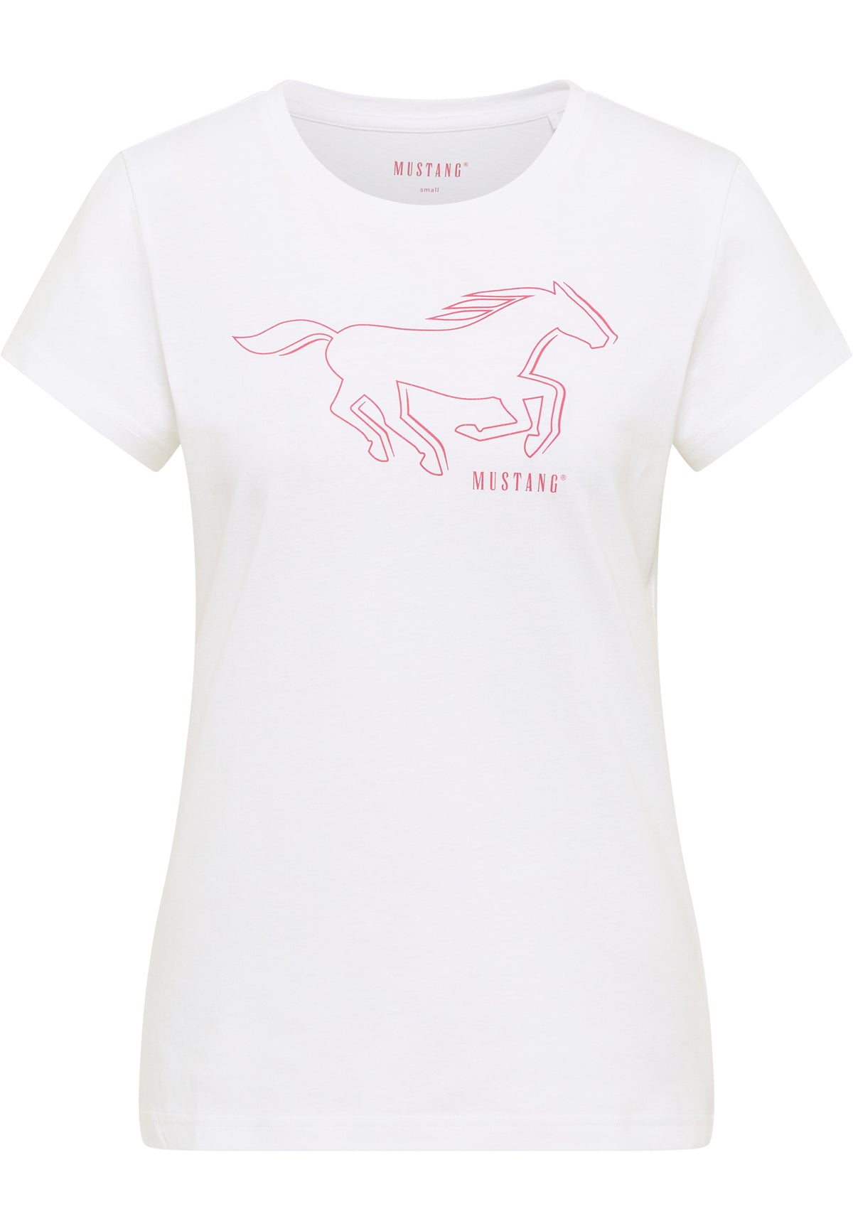 Tricou Slim Loa alb, față, imprimeu cu cal galopând în contur roz-corai și textul „Mustang”