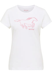 Tricou Slim Loa alb, față, imprimeu cu cal galopând în contur roz-corai și textul „Mustang”