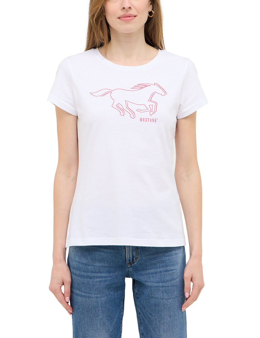 Tricou Slim Loa alb, față, purtat pe model, imprimeu cu cal în contur roz-corai pe piept