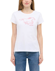 Tricou Slim Loa alb, față, purtat pe model, imprimeu cu cal în contur roz-corai pe piept
