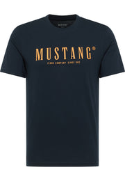 Tricou Austin bleumarin, față, imprimeu portocaliu „Mustang Jeans Company Since 1932” pe piept