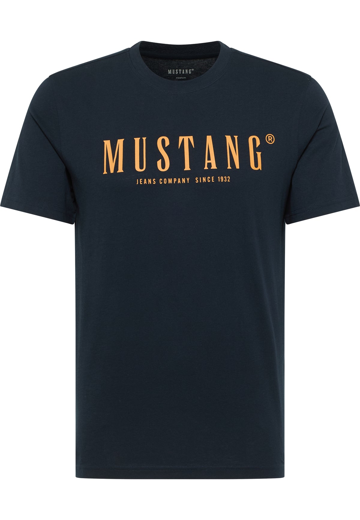 Tricou Austin bleumarin, față, imprimeu portocaliu „Mustang Jeans Company Since 1932” pe piept