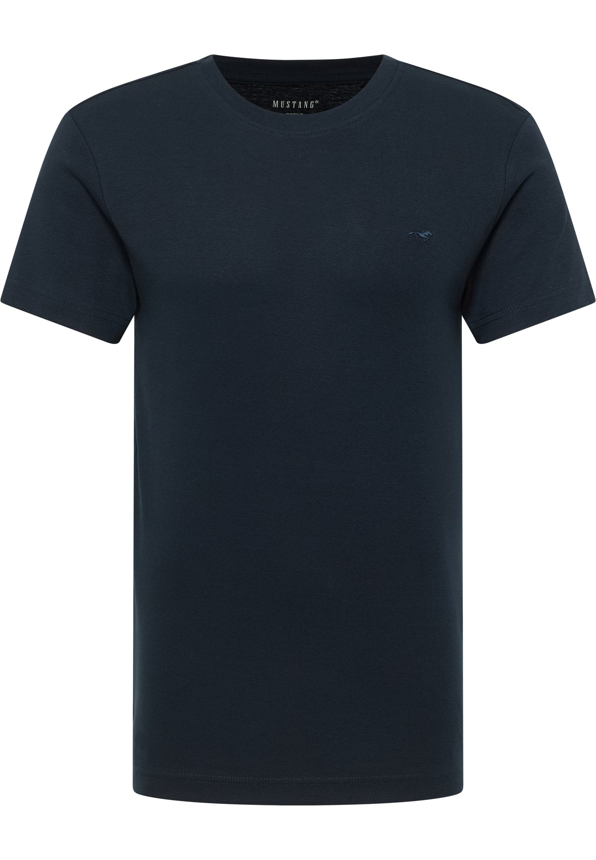 Tricou Allen albastru închis, față, așezat plat, broderie mică cu cal pe piept