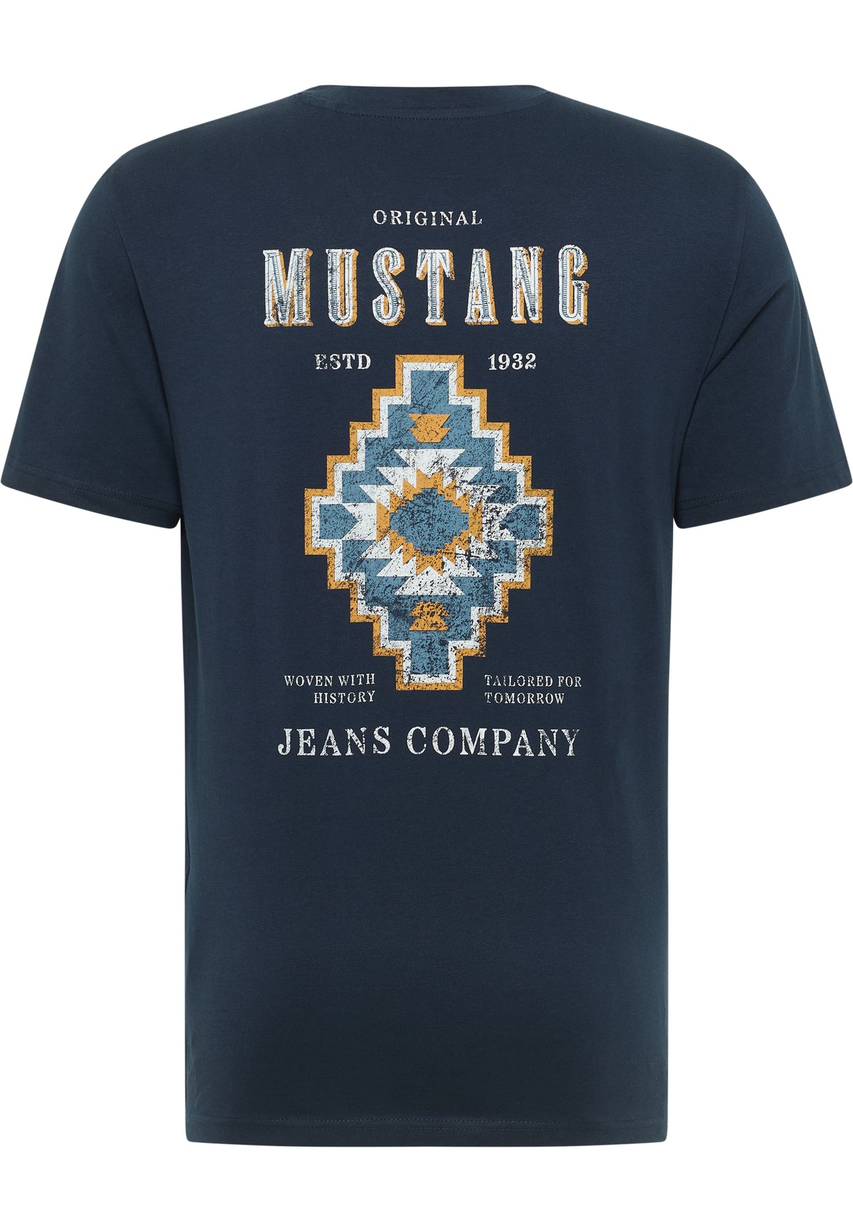 Tricou Austin albastru închis, spate, imprimeu mare cu motiv aztec și inscripția Mustang Jeans Company