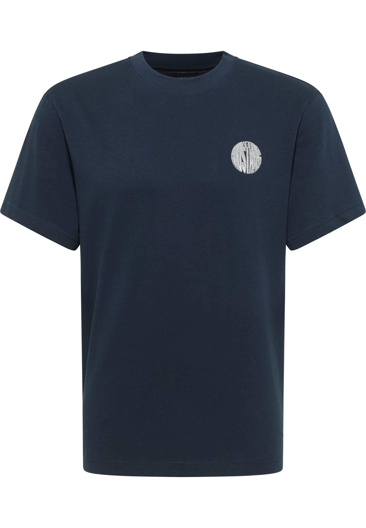 Tricou Akron albastru bleumarin, față, siglă circulară albă mică pe piept