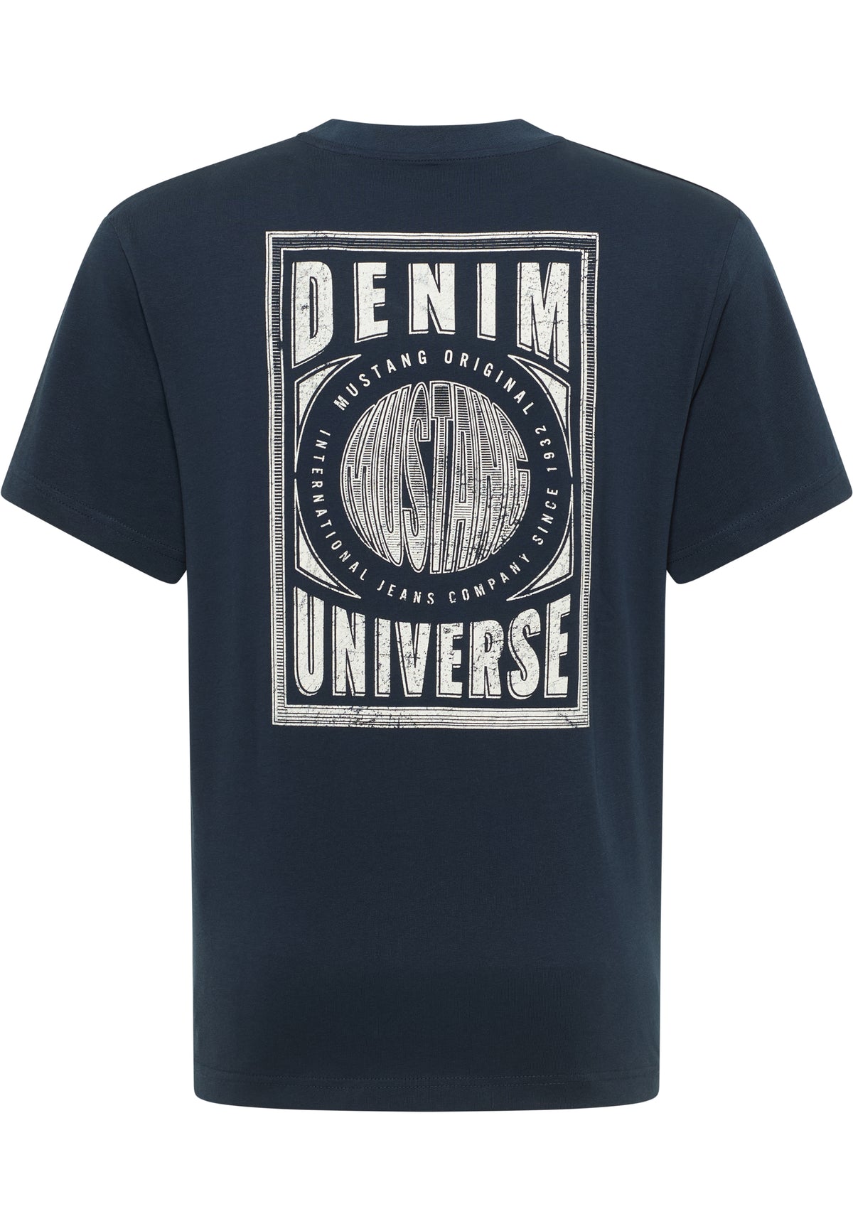 Tricou Akron albastru bleumarin, spate, imprimeu mare cu chenar "Denim Universe" și siglă Mustang