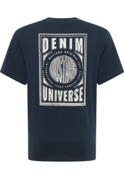 Tricou Akron albastru bleumarin, spate, imprimeu mare cu chenar "Denim Universe" și siglă Mustang