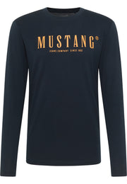 Bluză Asheville albastru safir închis, față, imprimeu portocaliu cu textul „Mustang Jeans Company Since 1932” pe piept