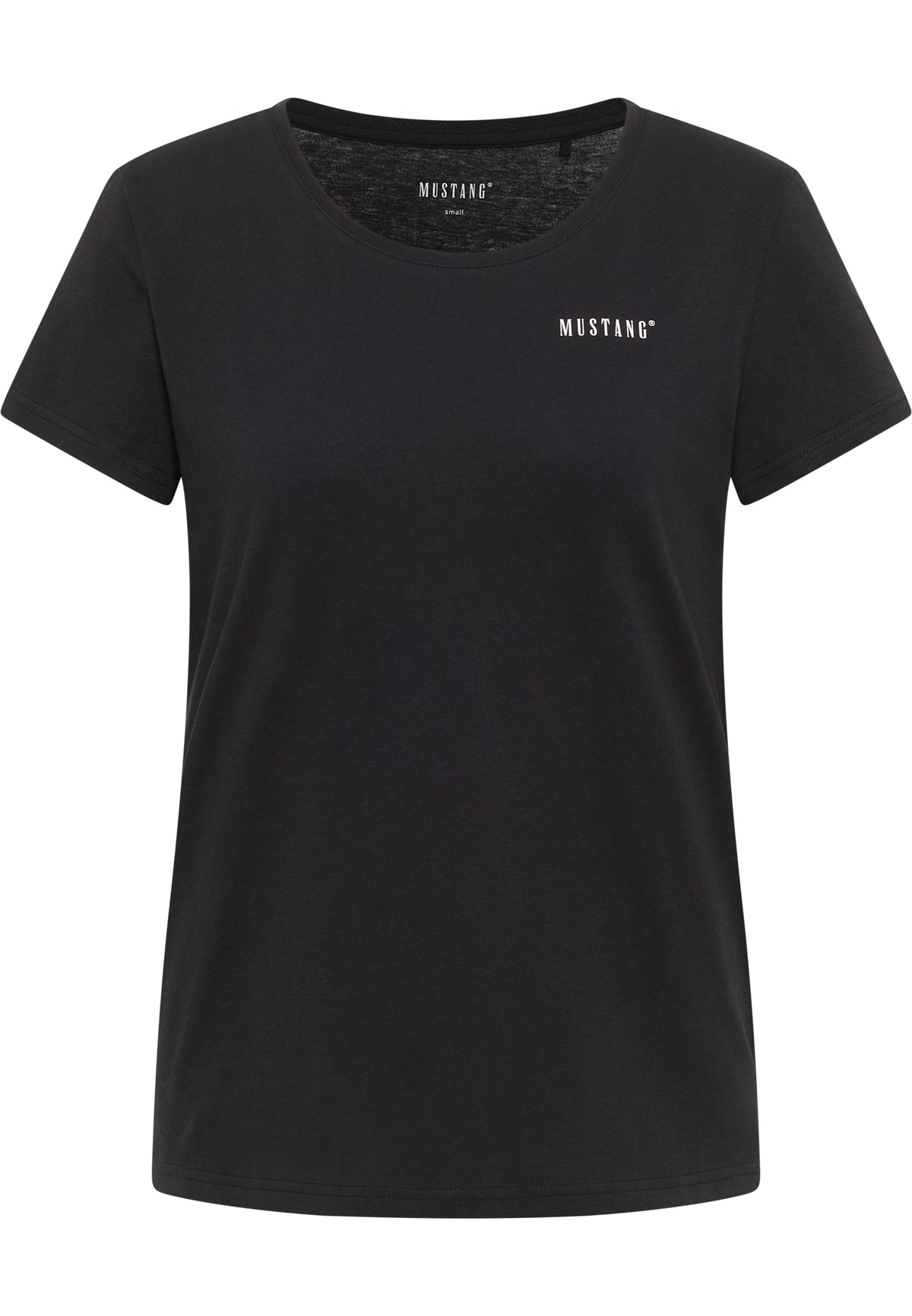 Tricou Alma negru, față, logo mic „Mustang” alb pe piept stânga