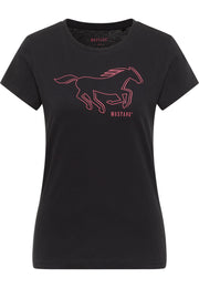 Tricou Slim Loa negru, față, imprimeu cu cal galopând în contur roz-corai și textul „Mustang”