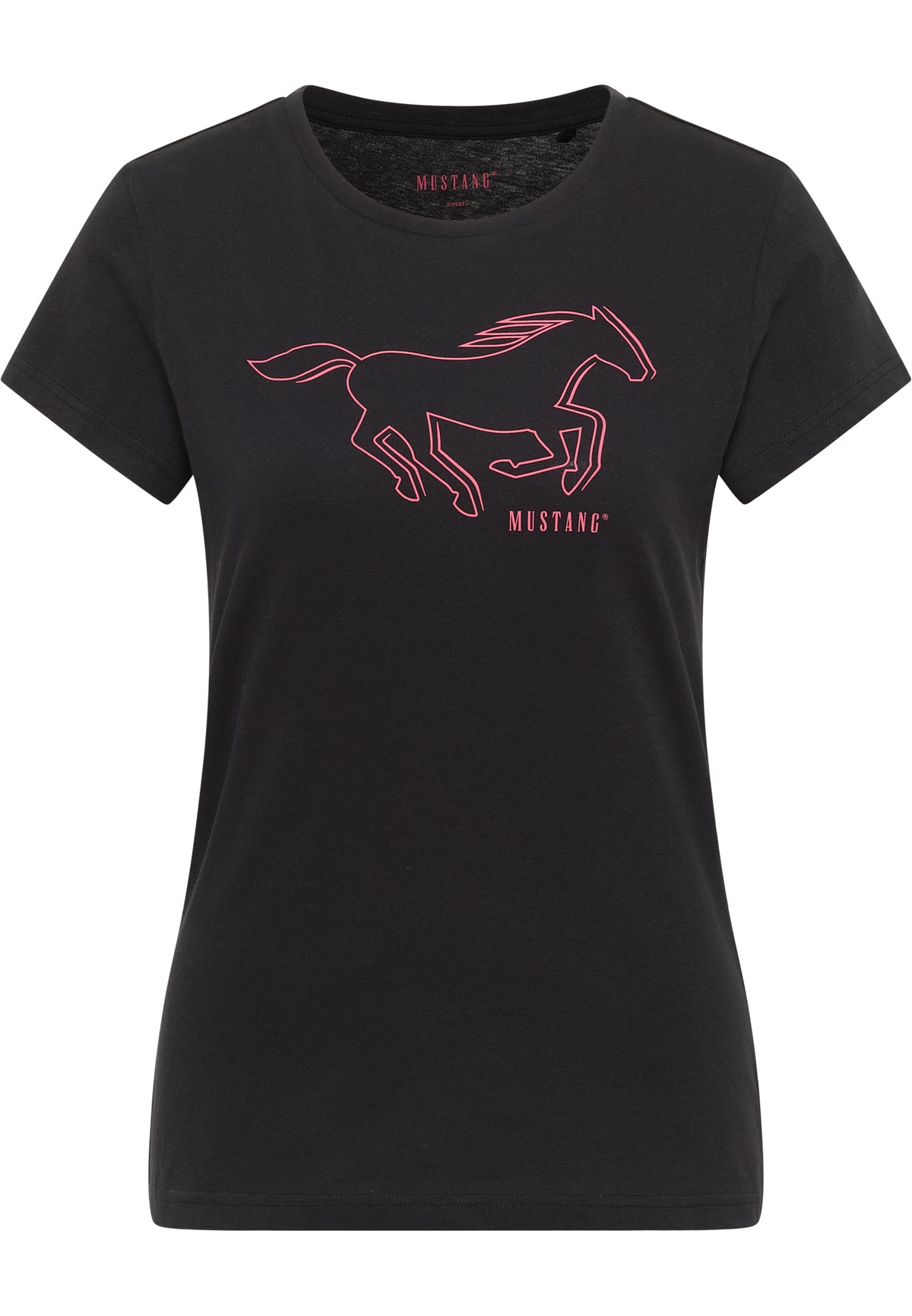 Tricou Slim Loa negru, față, imprimeu cu cal galopând în contur roz-corai și textul „Mustang”