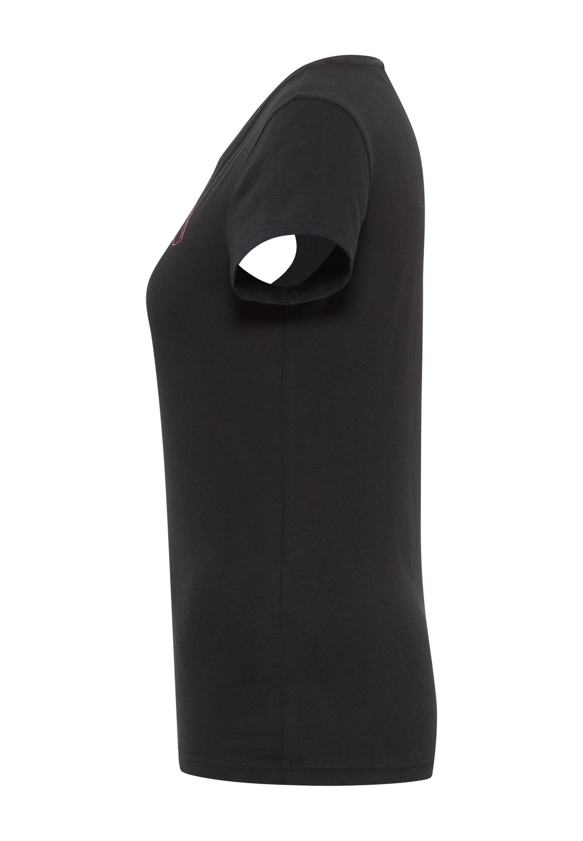 Tricou Slim Loa negru, lateral, croi mulat pe corp, se vede marginea imprimeului de pe piept