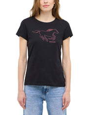 Tricou Slim Loa negru, față, purtat pe model, imprimeu cu cal în contur roz-corai pe piept