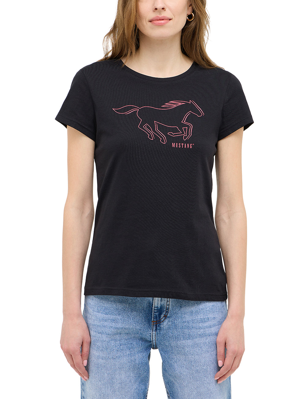 Tricou Slim Loa negru, față, purtat pe model, imprimeu cu cal în contur roz-corai pe piept