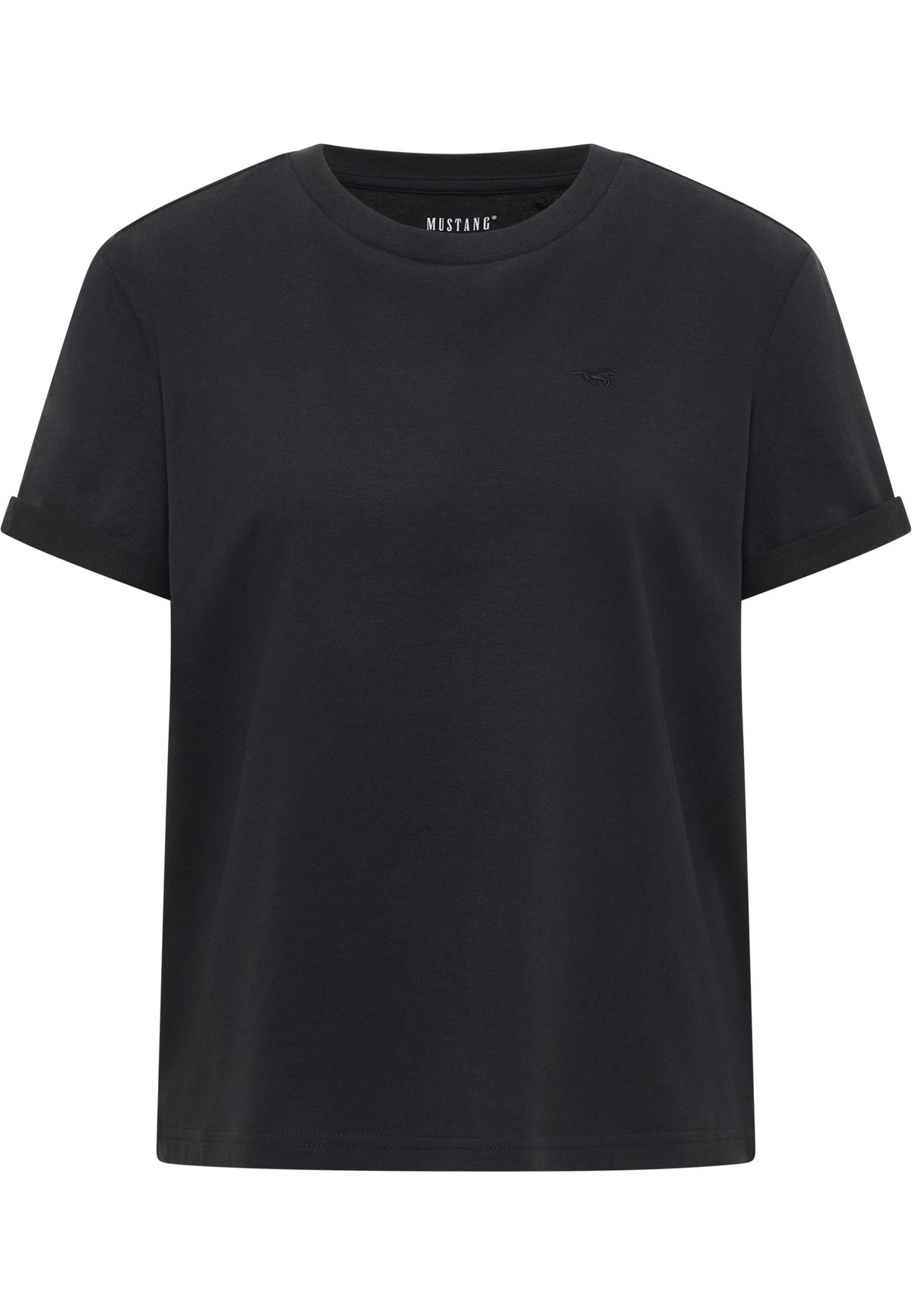 Tricou Relaxed Monroe negru, față, logo mic brodat cu cal pe piept, manșetă răsfrântă