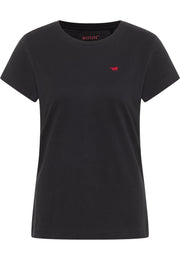 Tricou Loa negru, față, guler rotund cu siglă brodată cu cal pe piept