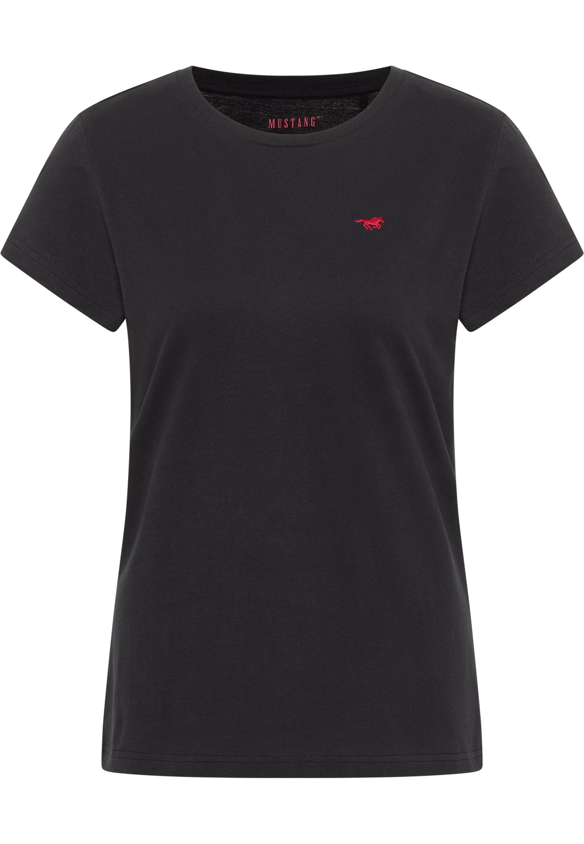 Tricou Loa negru, față, guler rotund cu siglă brodată cu cal pe piept