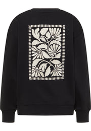 Bluză Burley negru, spate, broderie florală mare într-un chenar dreptunghiular alb-crem