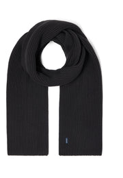 Eșarfă Fresno negru, detaliu, tricot reiat, prezentată înnodată