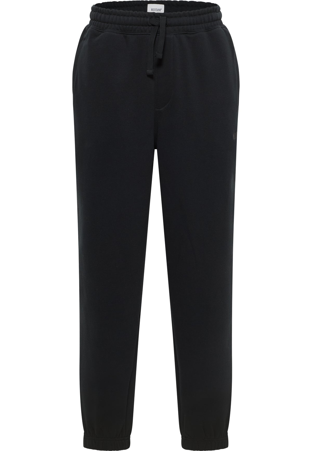 Pantaloni Logan negru, față, talie elastică cu șnur, buzunare oblice, manșete elastice la gleznă