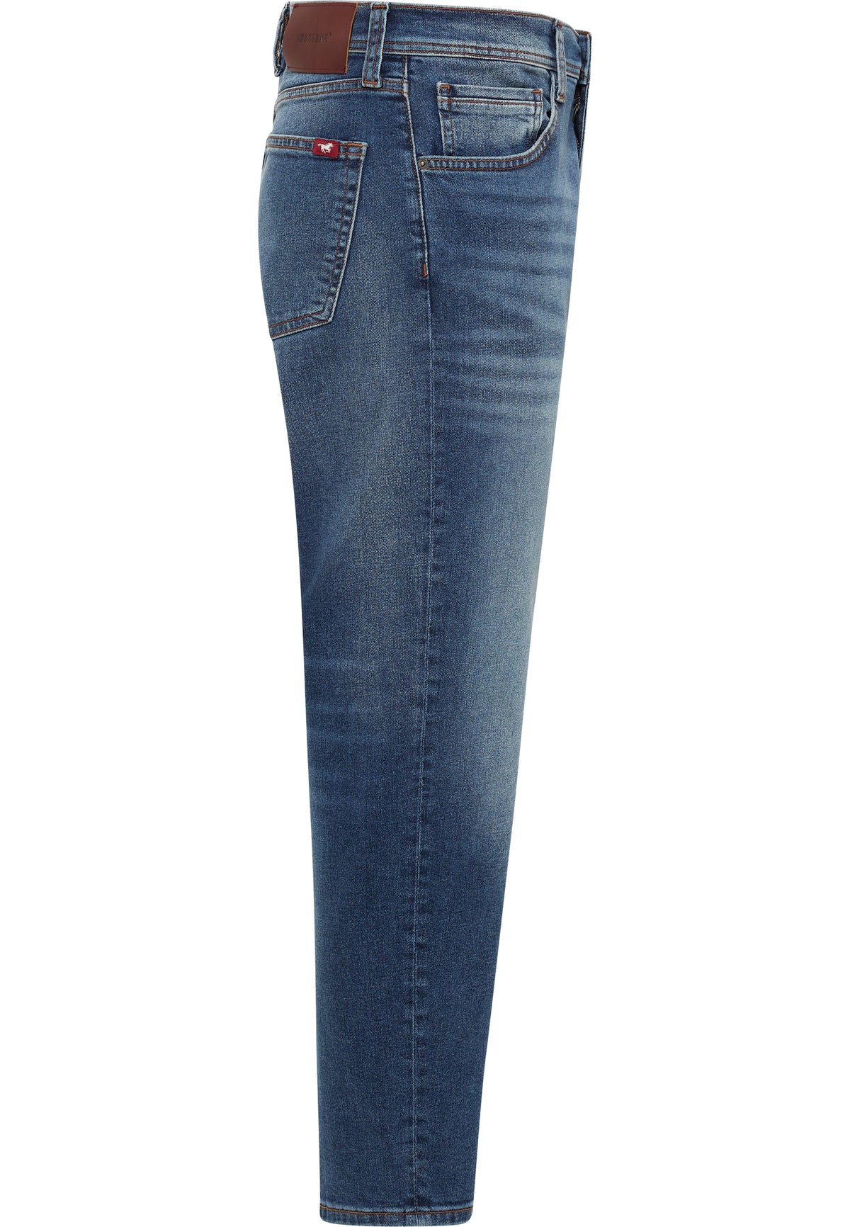 Blugi Denver albastru, lateral, croi conic cu petic maro la betelie