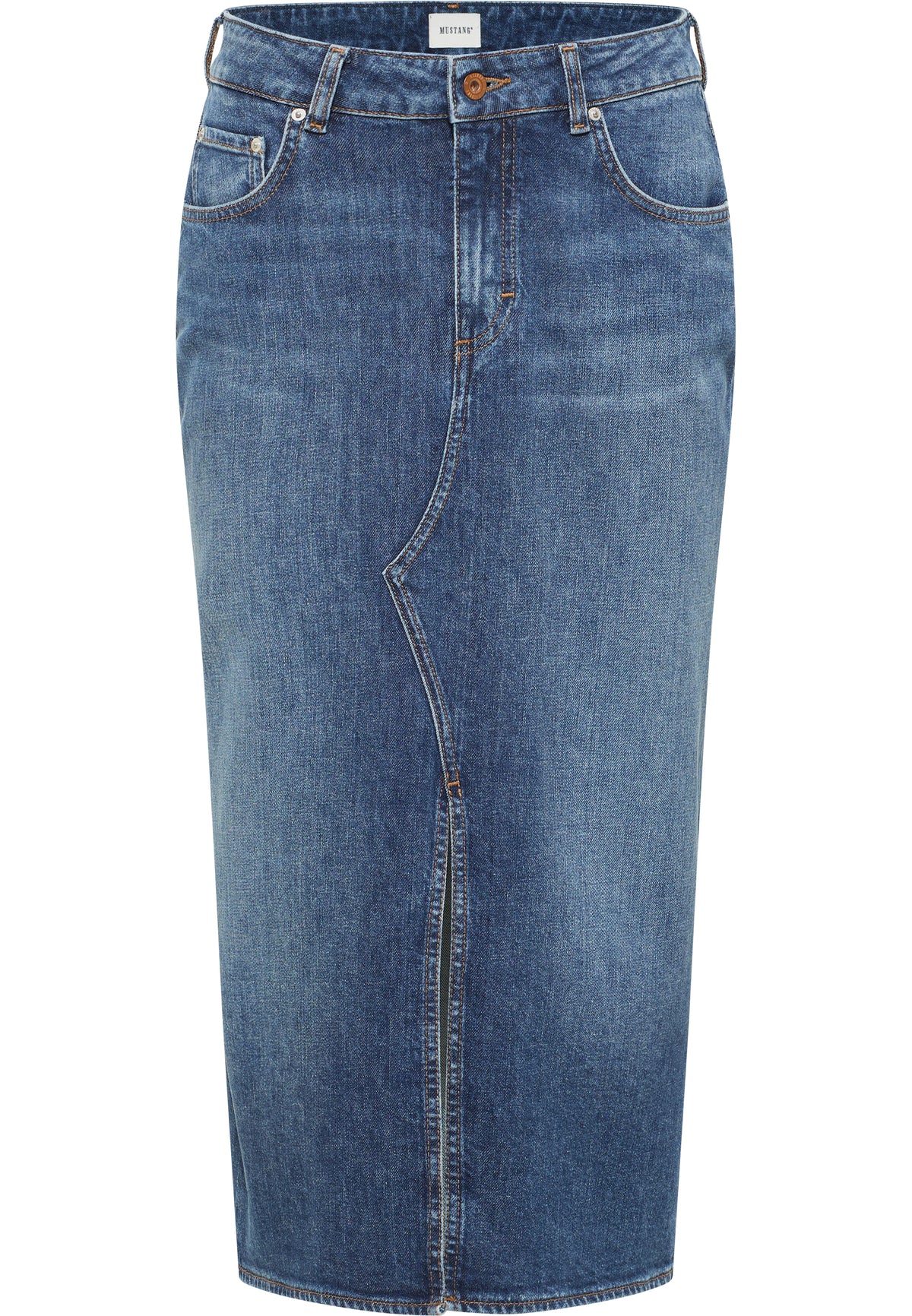 Fustă Eureka Denim albastru, față, fentă frontală la bază și cusătură contrastantă vizibilă pe mijloc