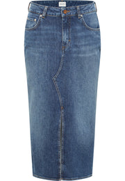 Fustă Eureka Denim albastru, față, fentă frontală la bază și cusătură contrastantă vizibilă pe mijloc