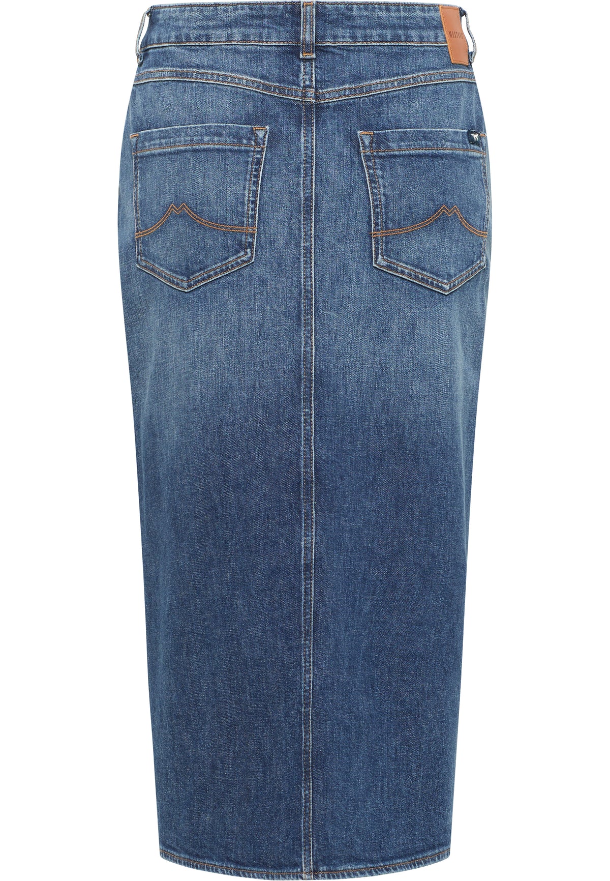 Fustă Eureka Denim albastru, spate, buzunare spate cu cusătură contrastantă și petic maro la betelie
