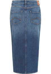 Fustă Eureka Denim albastru, spate, buzunare spate cu cusătură contrastantă și petic maro la betelie