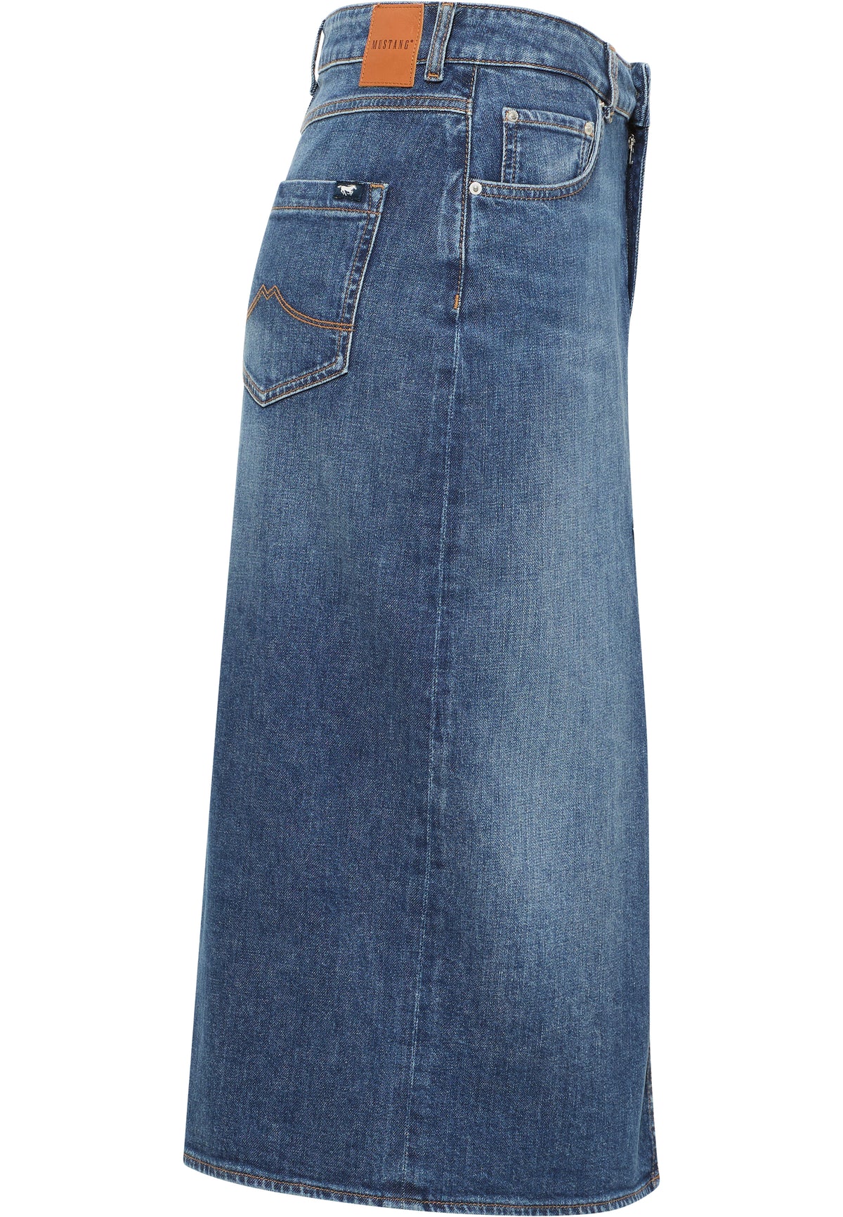 Fustă Eureka Denim albastru, lateral, buzunar lateral cu cusătură contrastantă și petic maro la betelie
