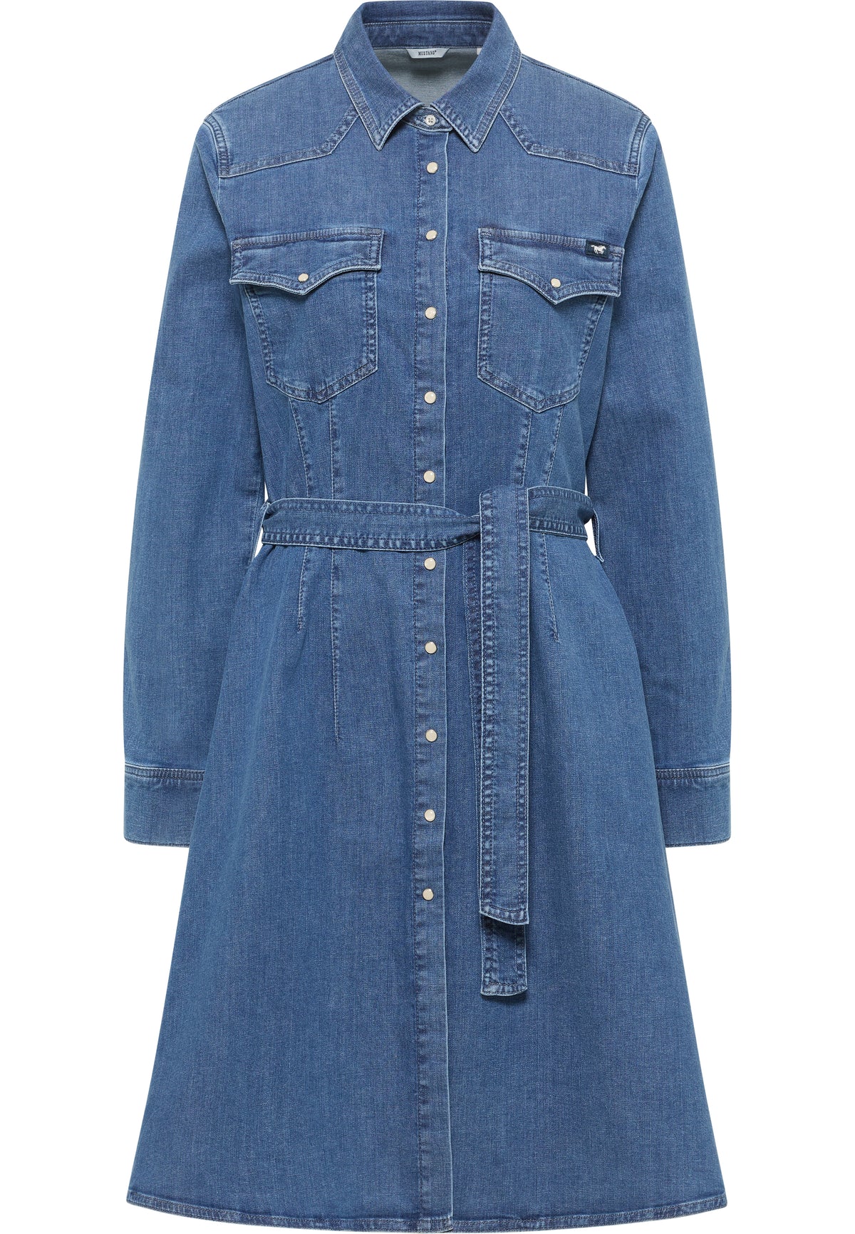 Rochie Evazată Elisa Denim albastru mediu, față, guler vestic, două buzunare și cordon de talie