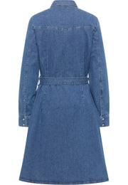 Rochie Evazată Elisa Denim albastru mediu, spate, cusătură tip yoke în vârf de săgeată pe umeri
