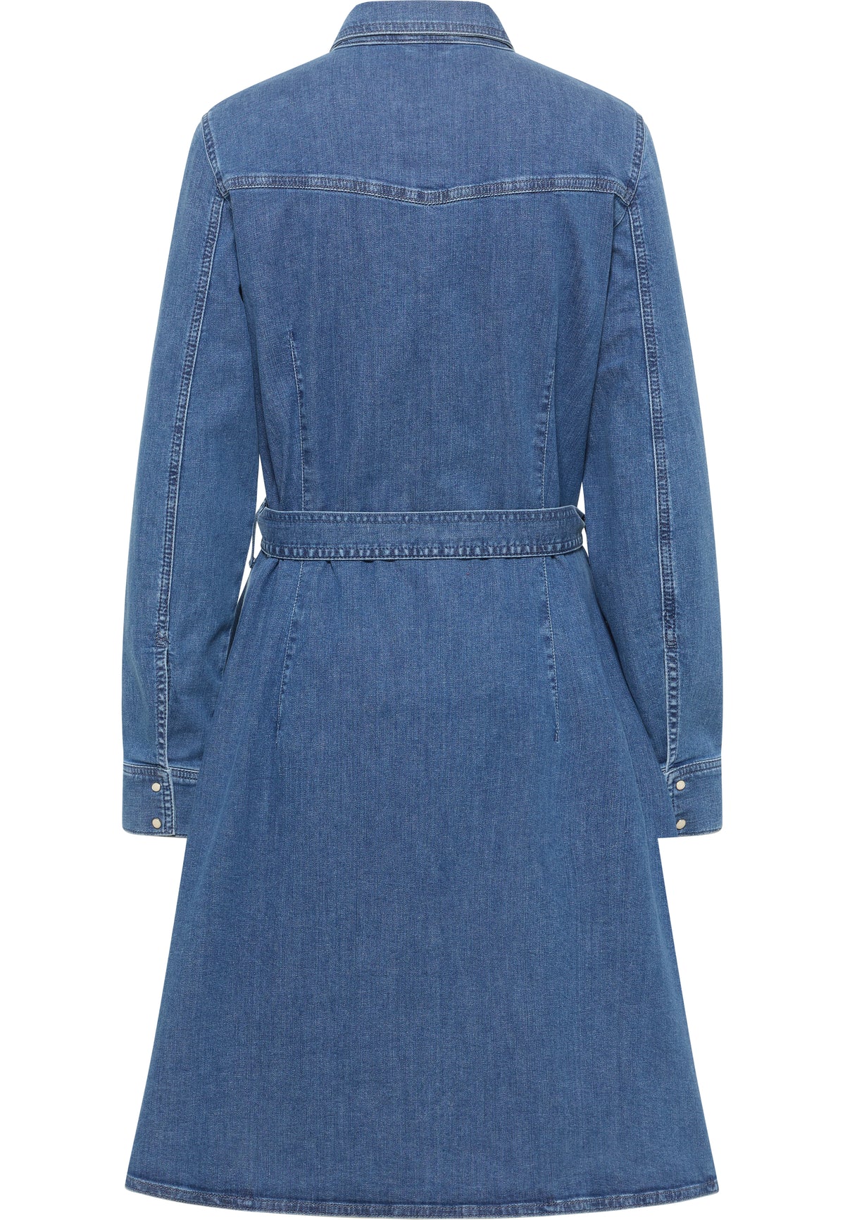 Rochie Evazată Elisa Denim albastru mediu, spate, cusătură tip yoke în vârf de săgeată pe umeri