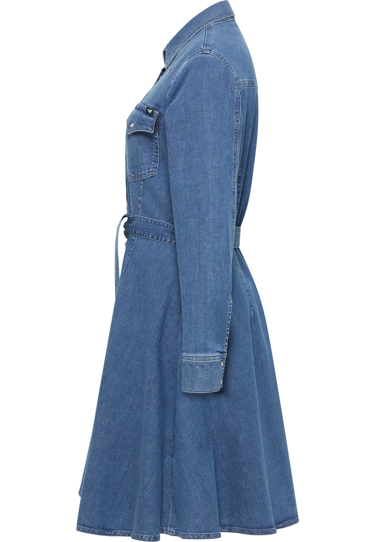 Rochie Evazată Elisa Denim albastru mediu, lateral, fustă evazată cu pliuri la talie