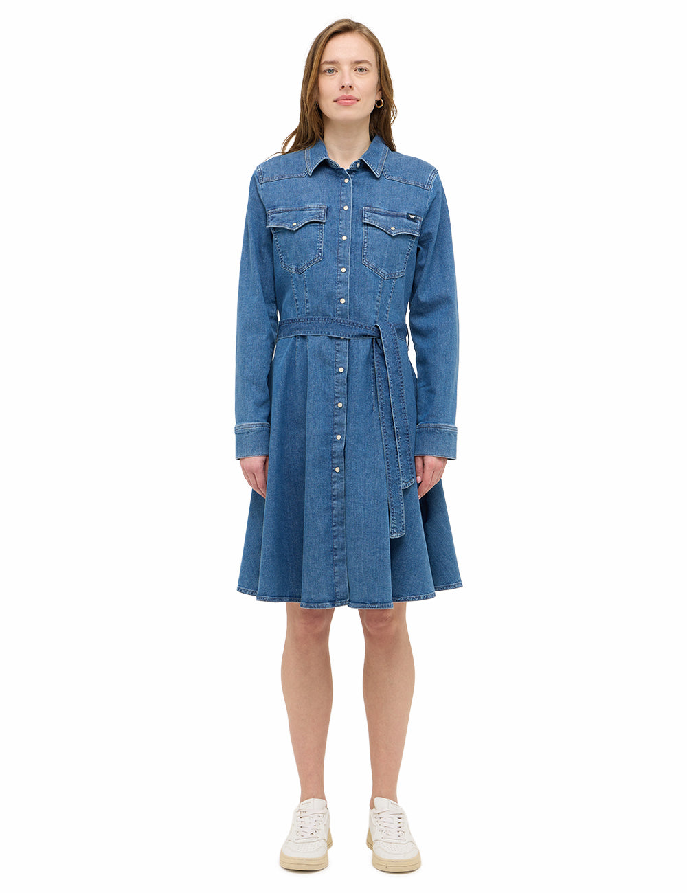 Rochie Evazată Elisa Denim albastru mediu, față, purtată, cordon legat în față și fustă evazată