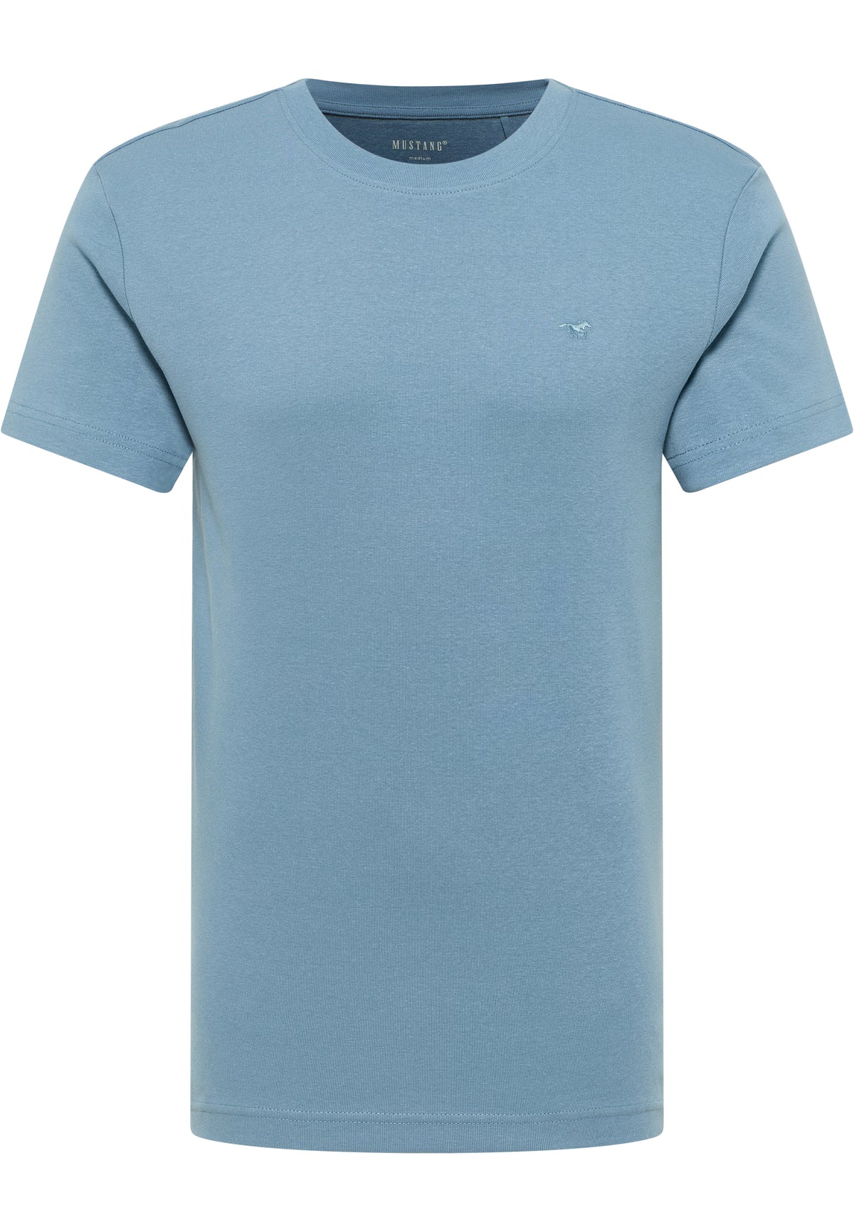 Tricou Allen albastru deschis, față, așezat plat, broderie mică cu cal pe piept