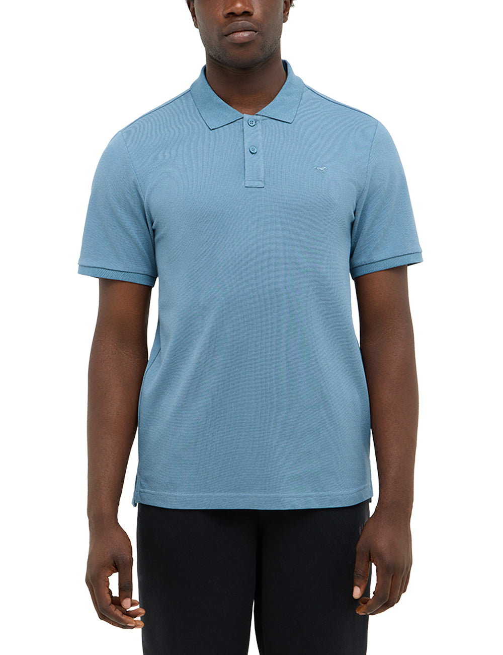 Tricou Palco albastru-gri, față, purtat pe model, guler polo cu doi nasturi