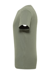 Tricou Allen verde kaki, lateral, așezat plat