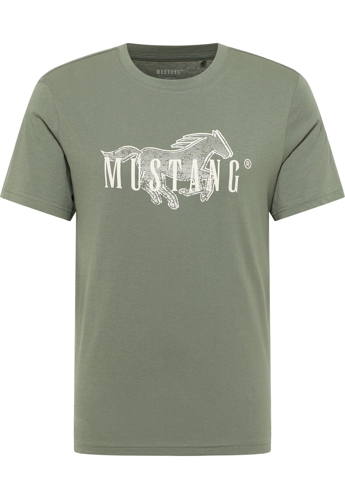 Tricou Austin verde kaki, față, imprimeu mare cu cal și cuvântul „Mustang” pe piept