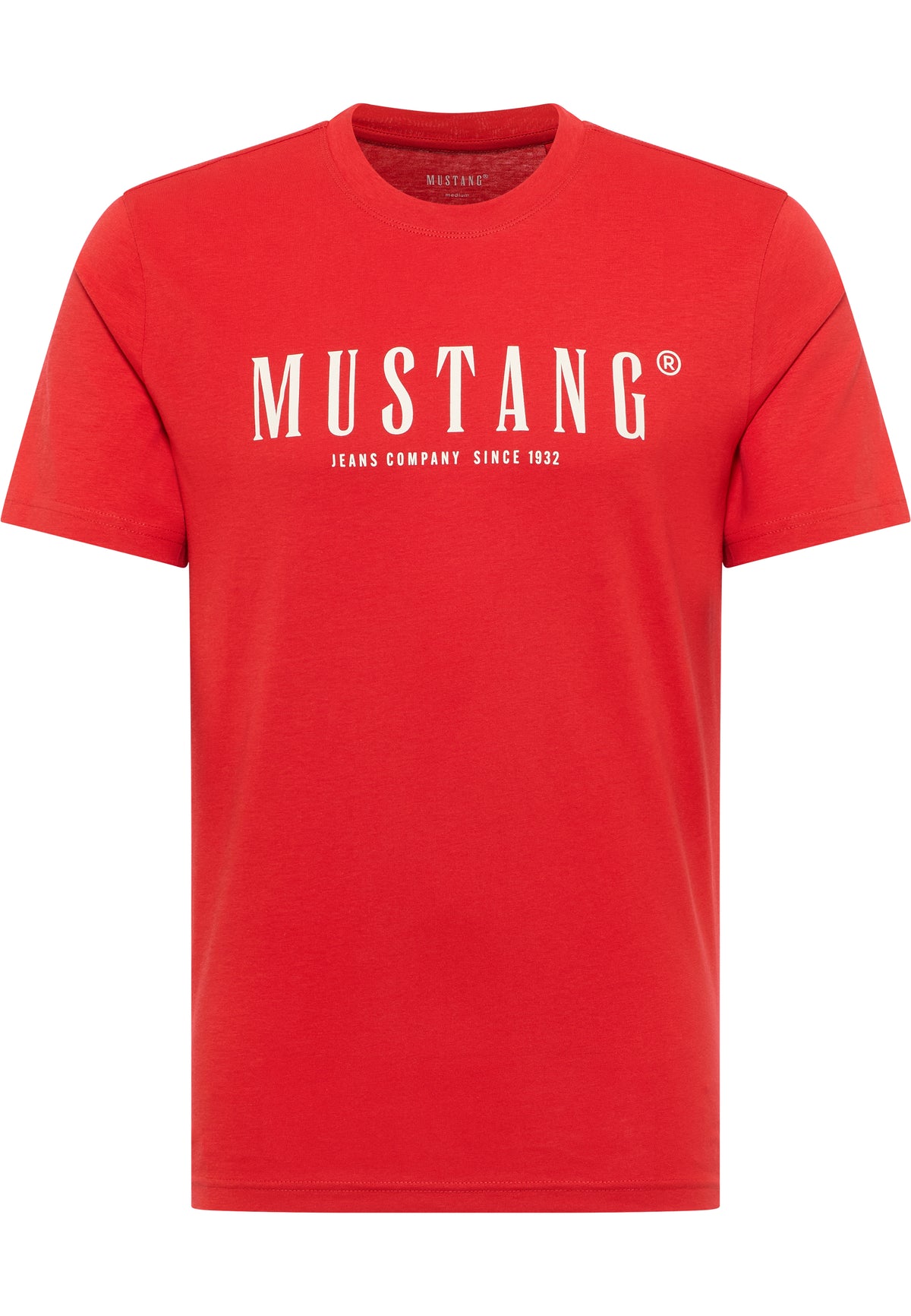 Tricou Austin roșu, față, imprimeu alb „Mustang Jeans Company Since 1932” pe piept