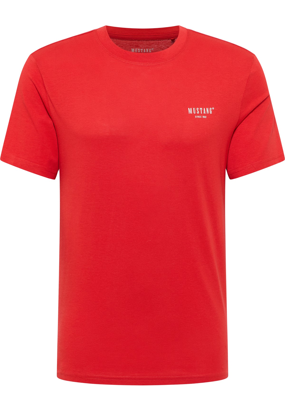 Tricou Austin roșu, față, logo text „Mustang since 1932” mic pe piept