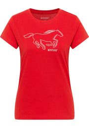 Tricou Slim Loa roșu, față, imprimeu cu cal galopând în contur alb și textul „Mustang”