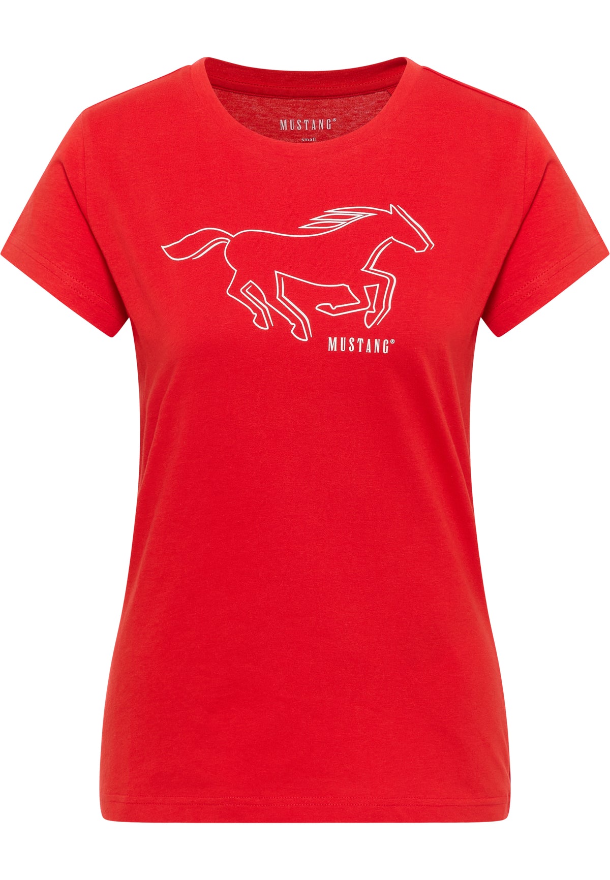 Tricou Slim Loa roșu, față, imprimeu cu cal galopând în contur alb și textul „Mustang”