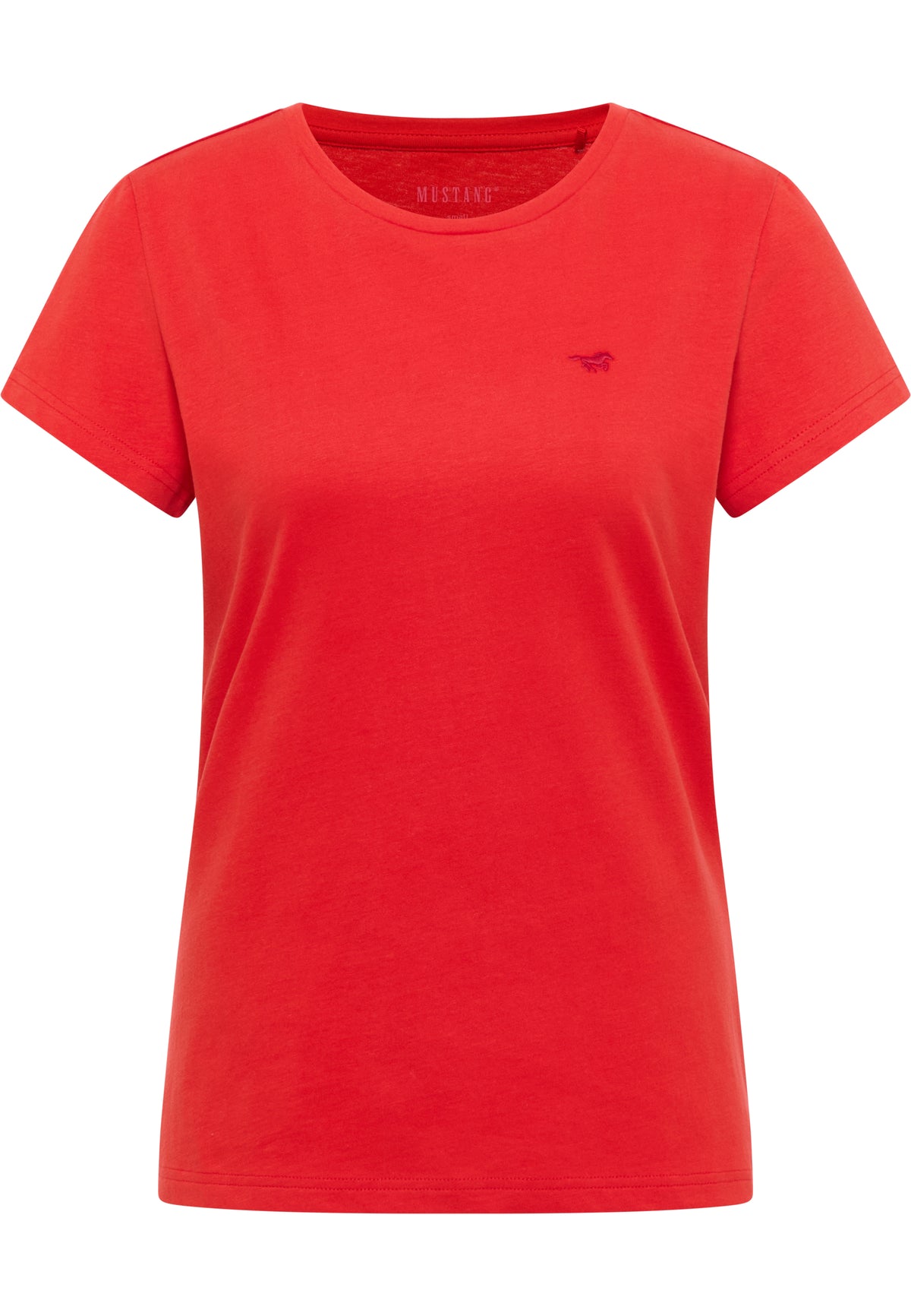 Tricou Loa roșu, față, guler rotund cu siglă brodată cu cal pe piept